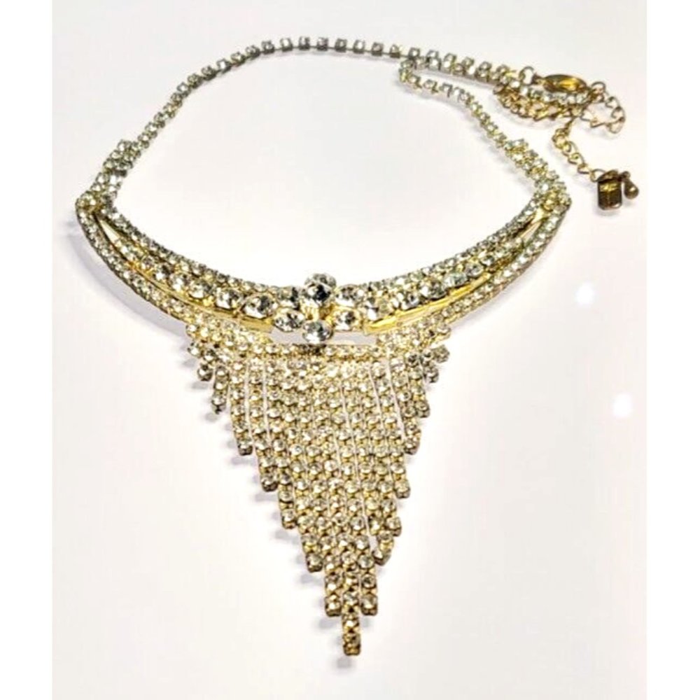 Christina Collection Clear Rhinestone Gold Tone Bib Necklace Fringe Choker